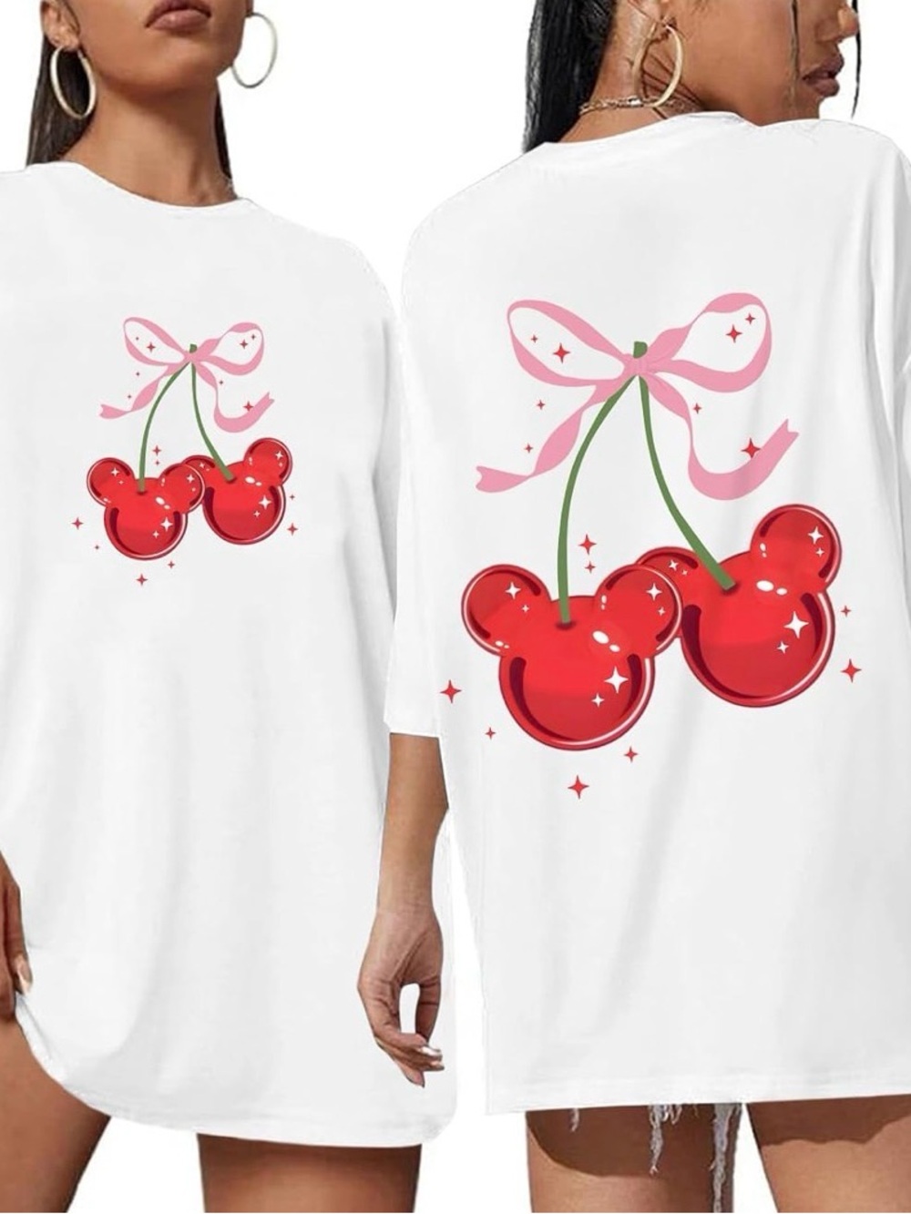 White Disney Tee Dress with Pink Bow and Cherry Graphic